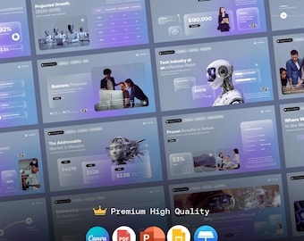 Prezentacja startupu technologicznego AI: propozycja biznesowa z efektem szkła (Canva i PowerPoint)