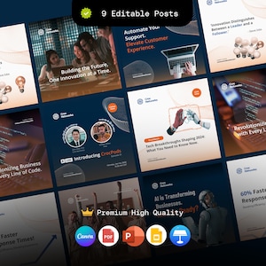 Peut inclure: Ensemble de neuf publications pour les réseaux sociaux, avec des tons de bleu foncé et d'orange. Les publications présentent du texte tel que "Building the Future" et "Tech Breakthroughs Shaping 2024". L'image comprend le texte "9 Editable Posts" et diverses icônes.