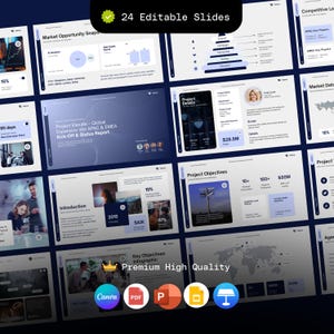 May include: A digital presentation template with 24 editable slides. The slides feature charts, graphs, and infographics with text such as "Project Elevate", "Project Objectives", and "Market Data". The template includes icons for Canva, PDF, and other applications.