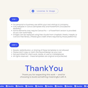 K&ouml;nnte beinhalten: Eine wei&szlig;-blaue Grafik mit dem Text "License & Usage", "STEP 1" und "STEP 2". Der Text beschreibt die Nutzungsbedingungen f&uuml;r Vorlagen, einschlie&szlig;lich privater und gesch&auml;ftlicher Nutzung, Bearbeitungsoptionen und Bildquellen. Die Grafik endet mit "Thank You."