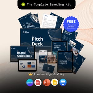 Op de afbeelding: Een complete branding kit met een donkerblauw en wit kleurenschema. De kit bevat een pitch deck, merkrichtlijnen, een business proposal en andere documenten. De tekst "The Complete Branding Kit" en "Premium High Quality" is zichtbaar.