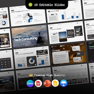 May include: A collection of 19 editable slides for presentations. The slides feature charts, graphs, and text, with a focus on business and technology topics. The slides include the text "Tech Consulting" and "Premium High Quality".