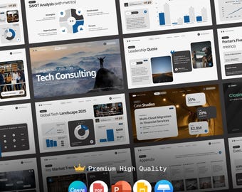 Könnte beinhalten: Eine Sammlung von 19 bearbeitbaren Folien für Präsentationen. Die Folien zeigen Diagramme, Grafiken und Text, mit Fokus auf Geschäfts- und Technologiebereiche. Der Text "Tech Consulting" und "Premium High Quality" ist enthalten.