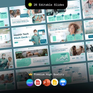 Könnte beinhalten: Ein Präsentationsdeck mit 26 bearbeitbaren Folien zum Thema Gesundheitstechnologie. Die Folien enthalten Diagramme, Grafiken und Bilder von medizinischem Fachpersonal und Patienten. Die Präsentation trägt den Titel "Health Tech Pitch Deck" und enthält den Text "Premium High Quality".