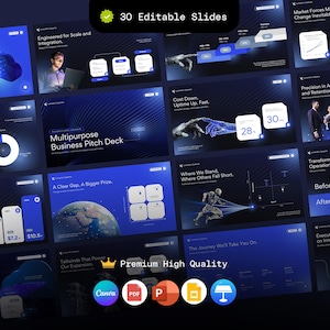 Puede incluir: Una plantilla de presentación digital con un fondo azul oscuro, que presenta 30 diapositivas editables. Las diapositivas incluyen gráficos, tablas y texto, con las palabras "Multipurpose Business Pitch Deck" y "Premium High Quality" visibles. También hay iconos de Canva, PDF y otros tipos de archivos.