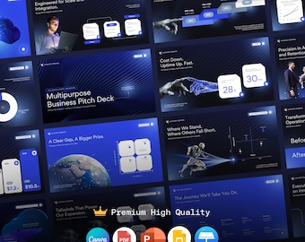 May include: A digital presentation template with a dark blue background, featuring 30 editable slides. The slides include charts, graphs, and text, with the words "Multipurpose Business Pitch Deck" and "Premium High Quality" visible. Icons for Canva, PDF, and other file types are also present.