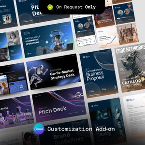 May include: A collection of digital marketing and business proposal templates. The templates feature a dark blue and white color scheme with various graphics and text overlays. Text includes "The Future of Ecommerce Operations", "Go-To-Market Strategy Deck", and "Comprehensive Business Proposal". The phrase "On Request Only" is also visible.
