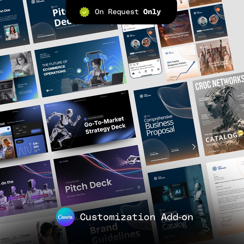May include: A collection of digital marketing and business proposal templates. The templates feature a dark blue and white color scheme with various graphics and text overlays. Text includes "The Future of Ecommerce Operations", "Go-To-Market Strategy Deck", and "Comprehensive Business Proposal". The phrase "On Request Only" is also visible.