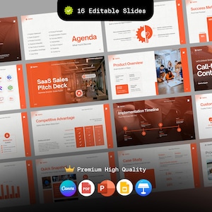 May include: A set of 16 editable slides for a SaaS sales pitch deck. The slides have orange and white designs with text including "Agenda", "Product Overview", and "Implementation Timeline". Icons for Canva, PDF, and other apps are also visible.