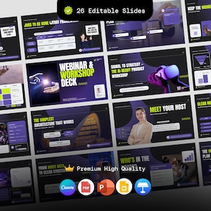 May include: A digital presentation template with 26 editable slides. The slides feature a dark theme with purple and white accents, showcasing various business and marketing concepts. Text includes "Webinar & Workshop Deck" and "Premium High Quality".