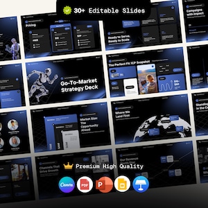 Puede incluir: Una plantilla de presentación digital con un tema azul oscuro y negro. Las diapositivas incluyen texto y gráficos, como cuadros, gráficos e ilustraciones. El texto incluye "Go-To-Market Strategy Deck" y "Premium High Quality".