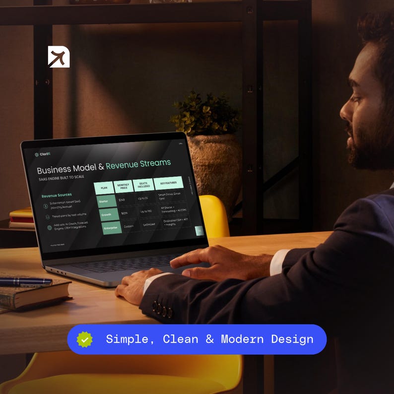 K&ouml;nnte beinhalten: Ein Laptop mit einem Diagramm zum Gesch&auml;ftsmodell und zu den Einnahmequellen. Der Bildschirm hat ein dunkles Thema mit wei&szlig;em und gr&uuml;nem Text. Der Text "Simple, Clean & Modern Design" steht unten. Eine Person benutzt den Laptop.
