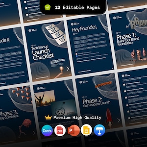 May include: A grid of 12 editable pages with a dark blue background. The pages feature text and graphics related to tech startup launches, branding, and success. The words "Tech Startup Launch Checklist" are visible.