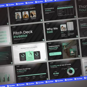 K&ouml;nnte beinhalten: Ein Pr&auml;sentationsdeck mit verschiedenen Folien. Die Folien zeigen Text und Grafiken, darunter "Pitch Deck Investor", "Market Size & Analysis" und "Funding Ask & Use of Funds". Das Farbschema ist Schwarz, Wei&szlig; und T&uuml;rkis.