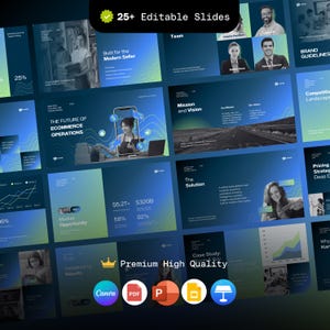 Peut inclure: Ensemble de diapositives de présentation numérique avec un thème bleu foncé et vert. Les diapositives présentent du texte et des graphiques liés aux opérations de commerce électronique, y compris des graphiques et des images de personnes. Le texte comprend "25+ Editable Slides" et "Premium High Quality".