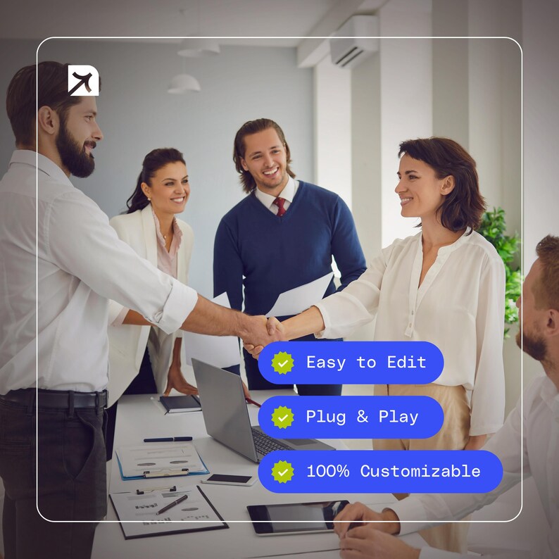 K&ouml;nnte beinhalten: Eine Gesch&auml;ftsszene mit Personen, die sich die H&auml;nde sch&uuml;tteln, einem Laptop und Dokumenten auf einem Tisch. Das Bild enth&auml;lt den Text "Easy to Edit", "Plug & Play" und "100% Customizable". Die Szene deutet auf eine kollaborative Arbeitsumgebung hin.