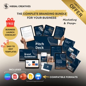 Pacchetto completo di branding aziendale e pitch deck / Canva + modelli PowerPoint + checklist gratuita