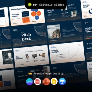 Może przedstawiać: Szablon prezentacji cyfrowej z wieloma slajdami. Slajdy zawierają tekst i grafikę na ciemnoniebieskim tle. Tekst zawiera "Pitch Deck", "Financial Highlights" i "Meet the Team". Prezentacja jest oznaczona jako "15+ Editable Slides" i "Premium High Quality".