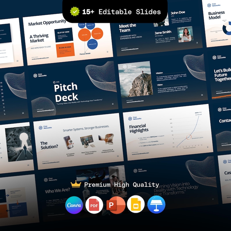 Może przedstawiać: Szablon prezentacji cyfrowej z wieloma slajdami. Slajdy zawierają tekst i grafikę na ciemnoniebieskim tle. Tekst zawiera "Pitch Deck", "Financial Highlights" i "Meet the Team". Prezentacja jest oznaczona jako "15+ Editable Slides" i "Premium High Quality".