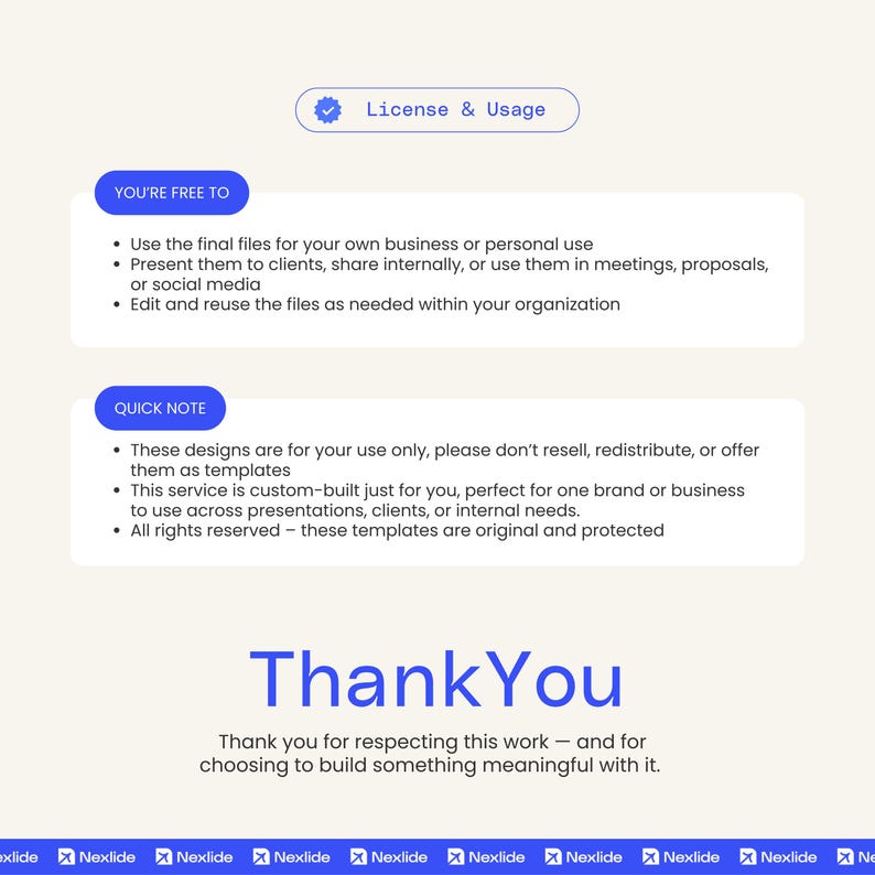 May include: A digital graphic with the text "License & Usage" at the top. The graphic includes sections detailing usage rights, including personal and business use, and a thank you message. The design is on a light background.