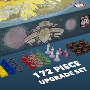 May include: A board game set with the title "The Guild of Merchant Explorers" and a 172-piece upgrade set. The box features illustrations of sailing ships and a sea creature. The game pieces are various colours, including red, yellow, blue, and brown.