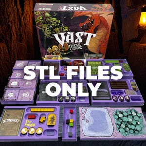 May include: A board game organiser set for Vast The Crystal Caverns featuring purple plastic trays with custom compartments for game components, cards, and tokens. The text STL FILES ONLY is overlaid in white across the centre of the image.