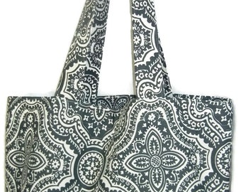 Market Tote Bag, Grocery Bag, Carryall Fabric Bag, geometric Gray and Cream Bag