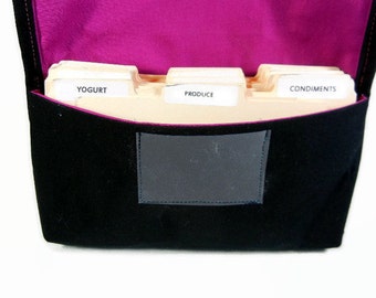 Fabric coupon organizer  and Receipt Holder Black Cotton Twill Purple Plum Lining