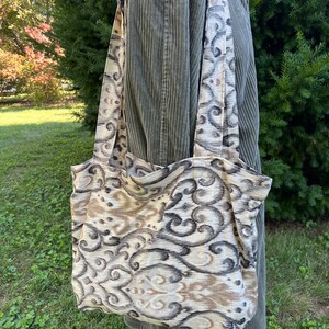 Fabric Grocery Bag Carry All Tote Bag Muted Damask Beige Gold Black