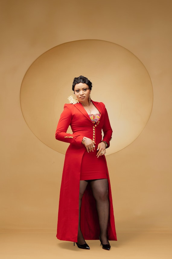 Red Power Suit Set  Long Blazer With Gold Buttons + Mini Dress | Made to  Order/ Evening Blazer Dress - Etsy