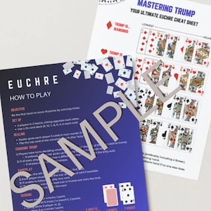 May include: A blue and white illustrated guide to playing Euchre, a card game. The guide includes instructions on how to play, scoring, and special rules. The guide also includes a cheat sheet for mastering trump cards.