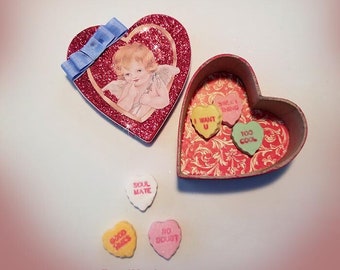 Valentine Candy Box Heart Candy Container Cupid Angel Bonbon Red White Ribbon Glitter Heart Trim Cupid's Arrow Chocolate Conversation Heart