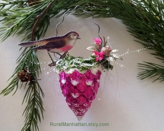 Bird Nest Ornament Finch Bird Magenta Ornie Christmas Tree Berries Pinecone Millinery Flowers Moss Snow Glitter Victorian Inspired