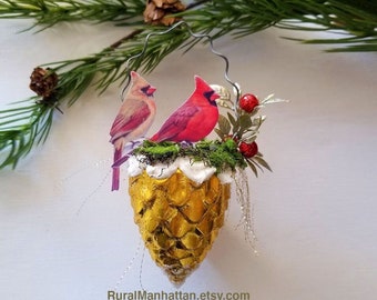Bird Nest Ornament Gold Winter Cardinal Bird Couple Ornie Christmas Tree Berries Pinecone Moss Snow Glitter Old-Fashioned Inspired