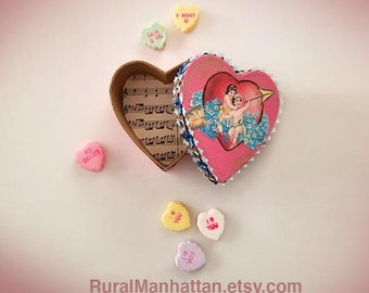 Valentine Heart Candy Container Cupid Bonbon Box Valentines Day Candy Box Forget Me Not Vintage Sheet Music Pink Blue Angel