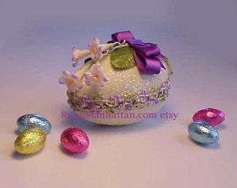 Easter Egg Candy Box Candy Container  Egg Box Bonbon Millinery Flowers Sugar Egg Morning Glories Floral Trim Treat Box Purple White Green