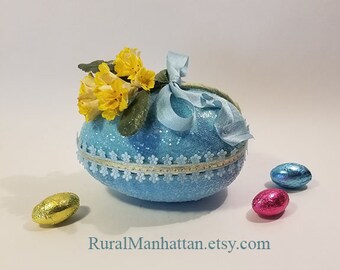 Easter Egg Candy Box Candy Container Sugar Egg Vintage Cowslip Millinery Flowers Bonbon Ribbon Glitter Treat Box Primrose FlowerTrim