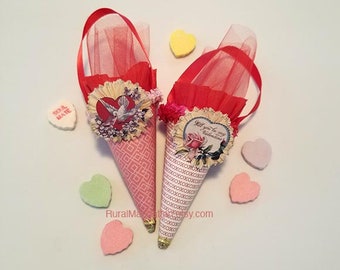 Valentine's Feather Tree Candy Cone Ornament Ornie Tussie Mussie Candy Container Bonbon Candy Box Hearts Roses Dove Victorian Inspired