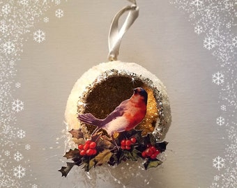 Christmas Snowball Ornament  Ornie Winter Robin Holly Branch Red Berries Christmas Tree Feather Tree Snowflake Trim