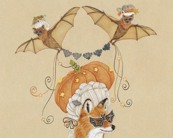 Halloween Masquerade Fox & Bat Cards, Rococo Invitations (Set of 6)