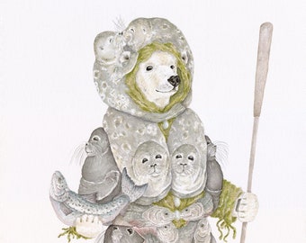 Presente Urso Polar Impressão em Aquarela Natureza Inuit Ártico Decoração Fofa Foca Presente Peixe Oceano Arte Vida Selvagem Presente para Amante de Animais Decoração Urso Polar