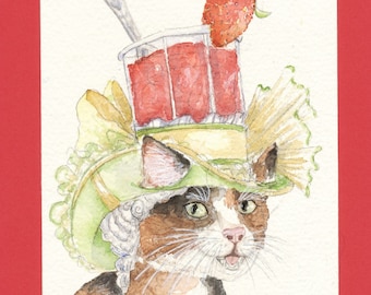 Pintura original e única de um gato fofo, gata tricolor, presente para quem gosta de geleia de morango, arte cottagecore, decoração cottagecore, arte rústica de animais, decoração de gato.