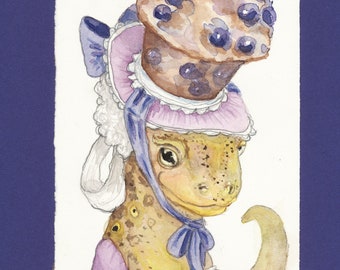 Arte original e única de lagarto, muffin de mirtilo, presente para café da manhã, decoração de padaria, arte de réptil, presente para amantes de lagartos, mirtilos, arte do século XVIII.