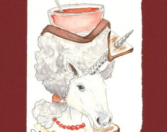 Arte original e exclusiva de unicórnio em um sanduíche de queijo grelhado com sopa de tomate. Presente perfeito para amantes de unicórnios, uma decoração reconfortante e uma criatura mítica.