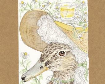 Arte original e exclusiva de pato, chá de camomila, presente para observadores de pássaros, presente rústico de pato para amantes de pássaros, decoração cottagecore de pato, flores, chá de ervas