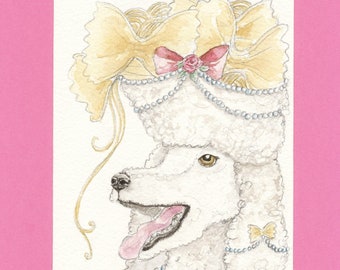 Pintura em aquarela de um poodle macarrão, arte engraçada de cachorro de cozinha