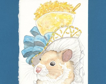 Pintura original e única de um hamster comendo macarrão com queijo - Presente perfeito para amantes de massas - Arte reconfortante de comida - Decoração fofa de hamster - Presente para amantes de macarrão com queijo