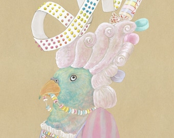 Colar de doces em tons pastel arco-íris dos anos 80 e arte de pássaro com bolinhas de doce, disponível em 3 tamanhos de impressão para uma diversão retrô com doces.