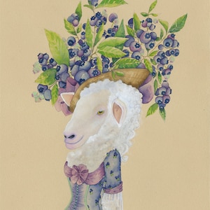 Bonita oveja, arándano, letra del alfabeto animal francés, arándanos, decoración de la casa de campo de María Antonieta, pintura Cottagecore de 5 x 7, 8 x 10, 11 x 14