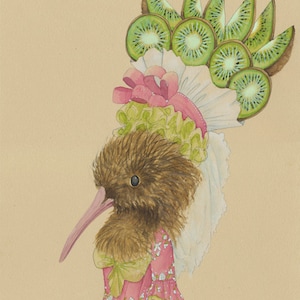 La letra K del alfabeto animal francés es para el pájaro kiwi y la decoración de la fruta kiwi. Decoración del pájaro María Antonieta verde y rosa. Decoración de Nueva Zelanda. Regalo de pájaro.